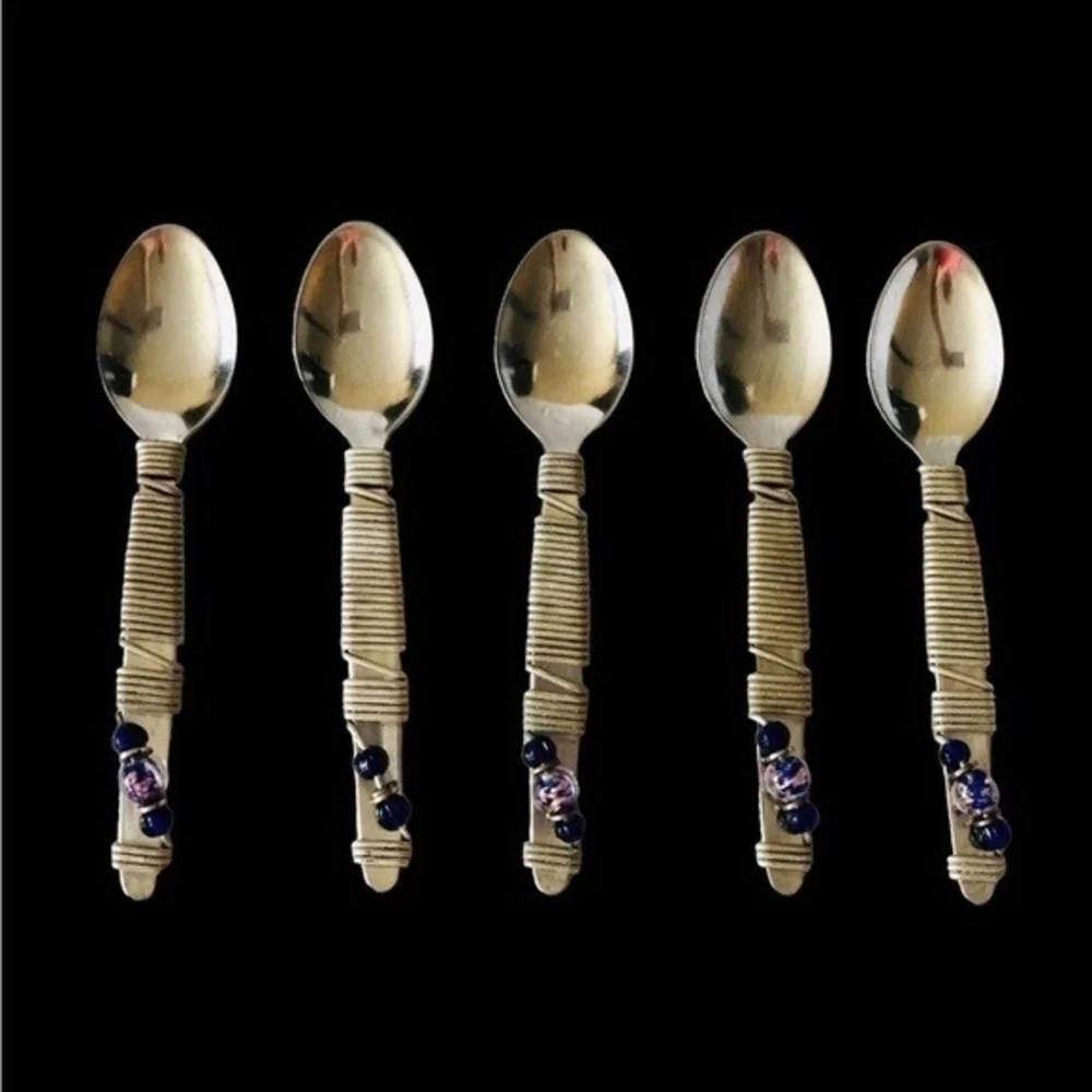 Handmade Stainless Steel Teaspoons Set of 5 Beaded South Africa Artisan NWOT